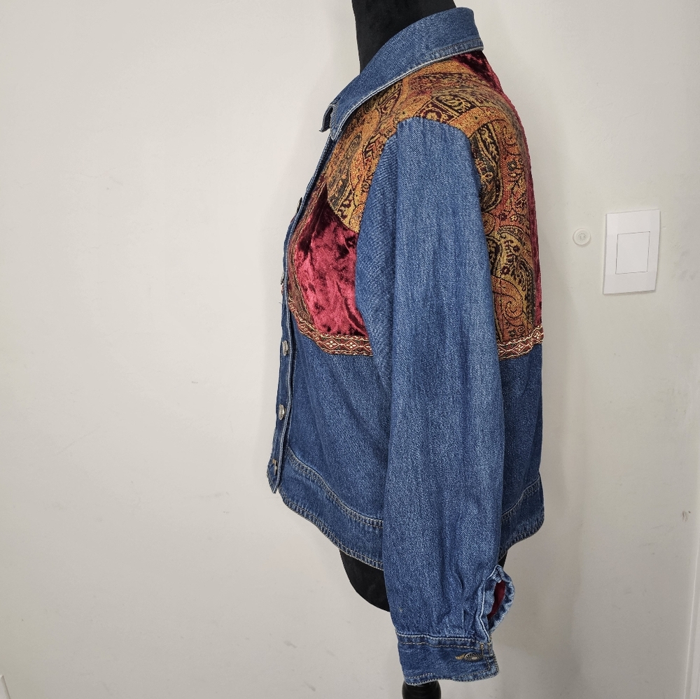 Vintage Studio Works Womens Jean Jacket Tapestry Velvet‎ Patchwork Petite S - Picture 5 of 11
